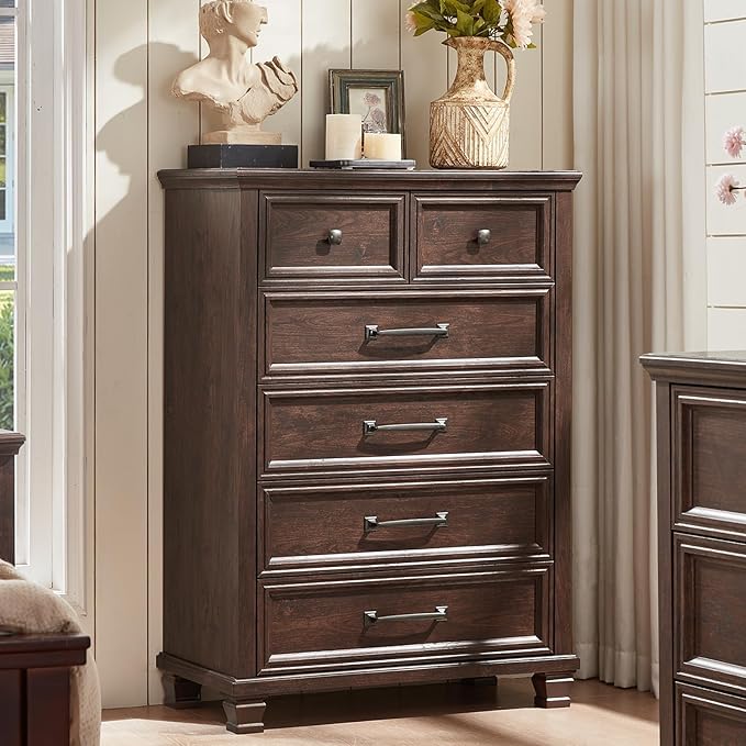 Farmhouse 6 Drawer Dresser for Bedroom, 45 Inch Tall Vintage Wood Chest of Drawers, Mid-Century Dressers w/Square Wooden Legs, Rustic Storage Organizer for Living Room, Hallway, Walnut