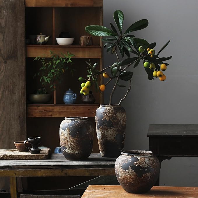 Denique Rustic Vase for Home Decor, Farmhouse Terracotta Vases, Large Ceramic Vase for Living Room Decor, Black Pottery Vase Large Clay Vase, Rustic Farmhouse Tabletop Decor(C-29cm)