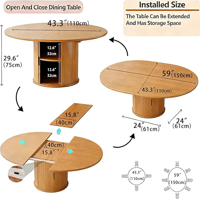 Wildhome Extendable Round Dining Table for 2-4-6, 59 Inch Dining Room Kitchen Table with 2-Tier Storage Shelf, Modern Farmhouse Fluted Wood Slide Door Dinner Furniture,Oval Circle,Oak