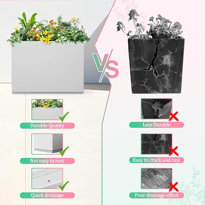 Metal Planter Box Rectangular Planter Box with Drainage Hole, Outdoor Large Planters, All-Weather Use, Rust-Resistance, for Flowers Plants, 35.4" L × 9.1" W × 25.6" H, White