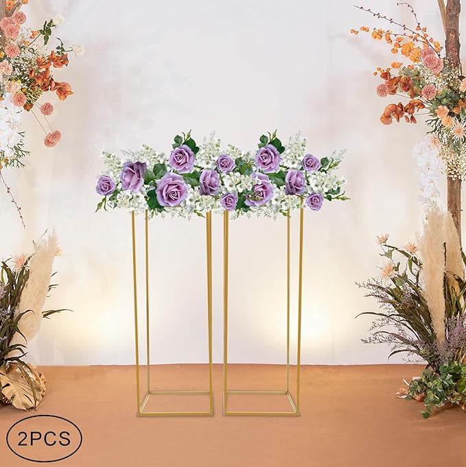 2PC 31.5" Flower Stand for Wedding Metal Cylinder Stands for Party Rectangular Gold Centerpieces Flower Vase Gold Pedestal Columns for Weddings Indoor Outdoor Flower Plant Stand Decoration