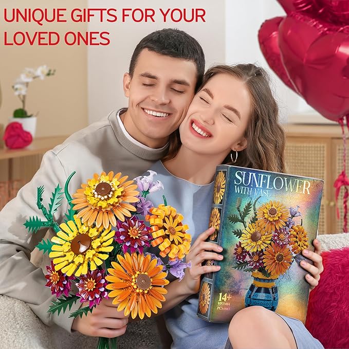 Sunflower Building Blocks with Vase Set for Adults, Christmas Artificial Flower Bouquet Botanical Collection Bricks Anniversary Birthday Gifts for Her Women Men Mom Wife Grandma Home Decor -1065 PCS