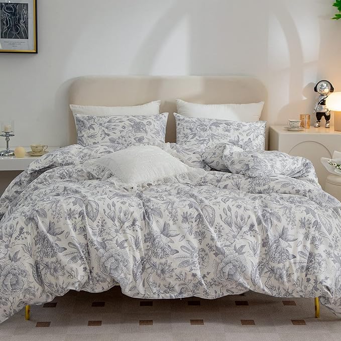 Queen Comforter Set Floral 3 Pieces Soft Bedding Comforter Set Garden Style Vintage Floral Botanical Flower Comforter Set for All Seasons 1 Comforter and 2 Pillowcases (Flower, Queen)