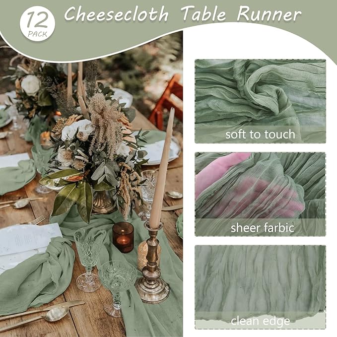 12 Pack Boho Gauze Table Runner - 35x72 Inch Rustic Cheese Cloth Long Table Runner for Wedding, Bridal Shower, Birthday Party Decor (Dusty Sage Green)