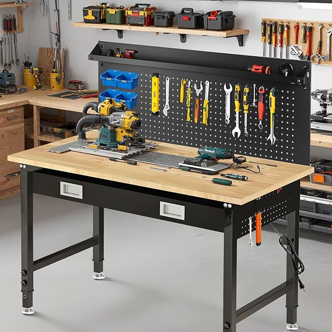 48" Adjustable Work Bench with Drawers, Workbench for Garage with Strip Light, Work Table with Large Pegboard, 2000 LBS Heavy Duty Table with Power Outlet Rubber Wood for Office, Workshop