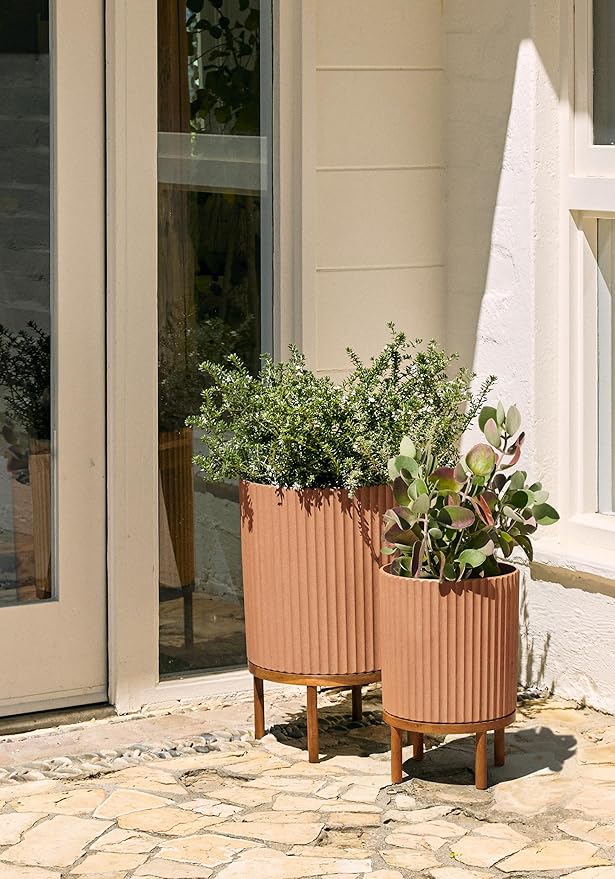 Veradek Demi Series Round Planter w/Stand for Porch/Patio | Durable Plastic-Stone Composite & Wooden Stand | Modern Décor for Tall Plants, Flowers