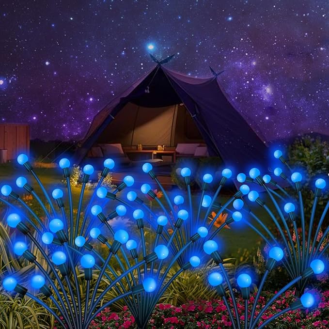 Kohlrabi Solar Garden Lights Outdoor, 6 Pack 60 LED Blue Firefly Lights Waterproof, Sway by Wind, Solar Wind Swaying Light for Yard Patio Backyard Garden Planter Flower Bed Pathway Decoration