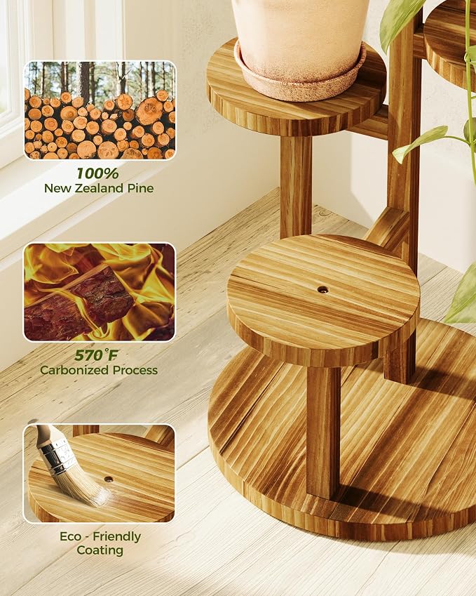 Bamworld 3 Tier Plant Stand Indoor, Corner Wood Plant Shelf for Multiple Plants, Small Tiered Round Flower Stand for Patio Garden Balcony Living Room Bedroom, Black