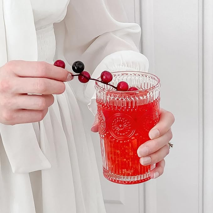 Kate Aspen Vintage Textured Clear Striped Drinking Glasses Set of 6, (13 oz) Ribbed Glassware with Flower Design | Cocktail Set, Glass Cups, Iced Coffee Cup (Pack of 4)