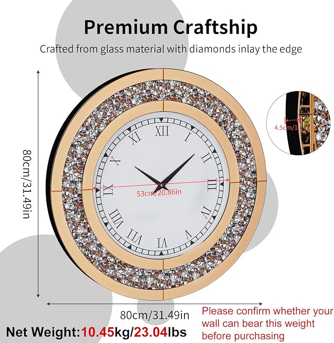 Crushed Diamond Wall Clock Round Decorative Mirrored Clock 32 inch Brown