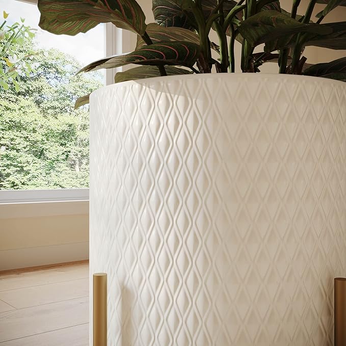 EverNest Claire Mid-Century Modern White Plant Pot with Ambrose Stand, SelectBase, Indoor Plant Pot, Bohemian Style, Minimalist Plant Home Décor (Set of 3, Gold)