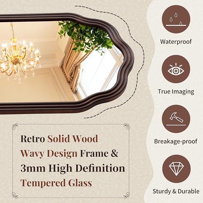 Tanmicoshomy Rustic Wood Bathroom Mirror 20x30 Inch, Arched Wall Mirrors with Tempered Glass for Living Room, Bedroom or Entryway(Dark Brown)