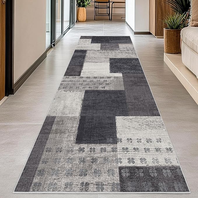 Modern Geometric Patchwork Indoor Runner Rug for Living Room, Charcoal 2.7'x 10' Rug Rockwood Collection Hardwood Floors Decor for Bedroom, Grey Throw Carpet for Office Entryway Dining Room