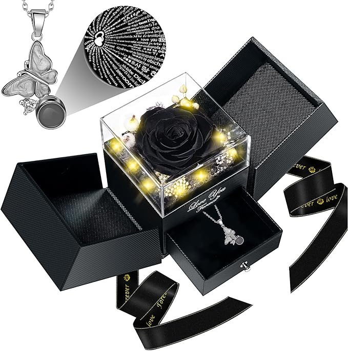 DRTINA Preserved Black Real Rose with I Love You Butterfly Necklace-Eternal Flowers Rose Birthday Gifts for Women Wife Mom Girlfriend Grandma on Mothers Day Valentines Anniversary Christmas Romantic