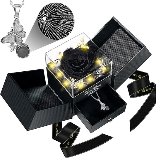 DRTINA Preserved Black Real Rose with I Love You Butterfly Necklace-Eternal Flowers Rose Birthday Gifts for Women Wife Mom Girlfriend Grandma on Mothers Day Valentines Anniversary Christmas Romantic