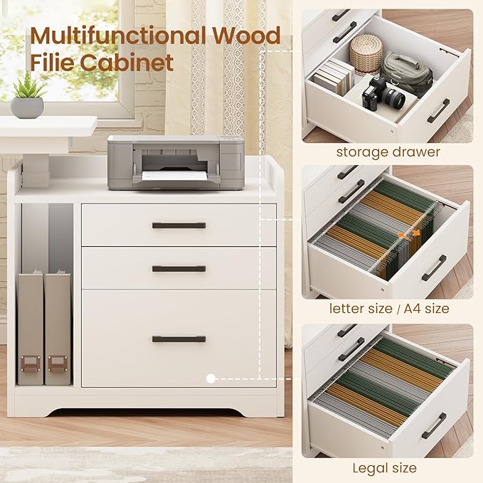 SEDETA L Shaped Electric Standing Desk with File Cabinet, 63 x 53'' Height Adjustable Home Office Computer Desk with Drawers, Power Outlet, Stand up Gaming Table with Led Lights, Keyboard Tray, White