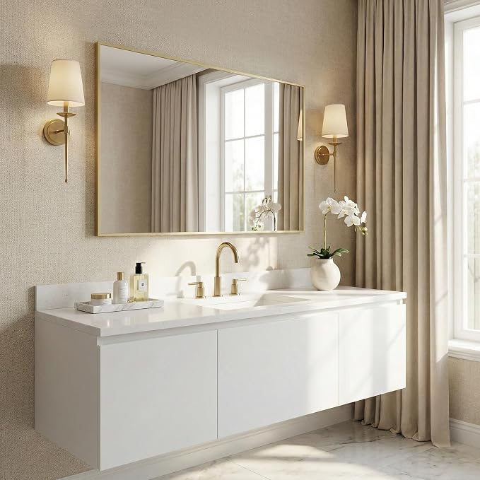 48"x30" Gold Landscape Bathroom Mirror for 48-60 inch Vanity | Shatterproof Tempered Glass, Narrow Metal Frame, Ultra-Flush Mount