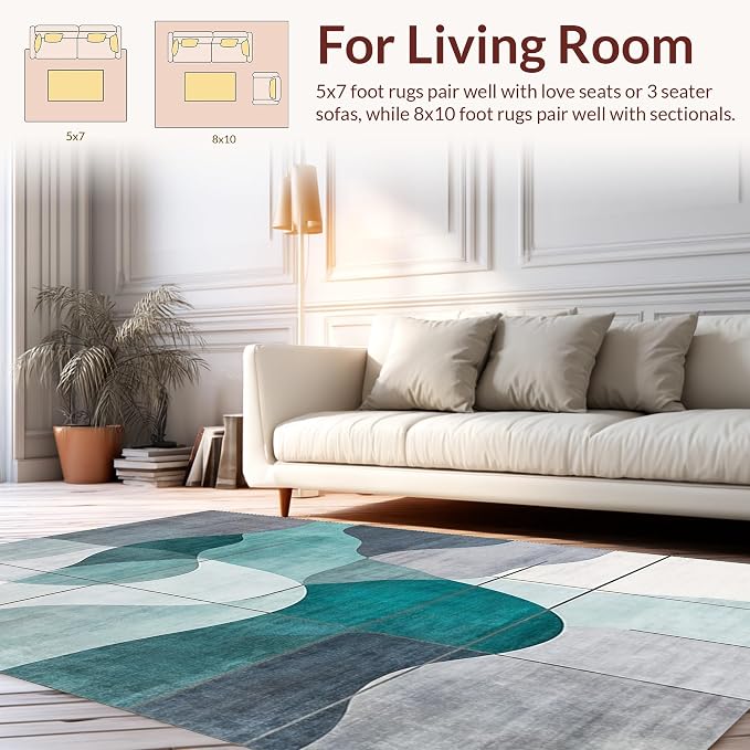 Flatwoven High Traffic Area Rug 4x6, Contemporary Abstract Theme Featuring Fluid Motifs, Non Slip, Stain Resistant, Washable Area Rugs for Living Room, Bedroom (Gray, 4x6)