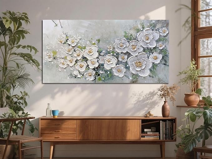 Brushart White Flower Wall Art Textured Floral Canvas Art Wall Decor Living Room Large Picture Wall Art Painting Artwork for Walls Bedroom Home Office, 48"x24"