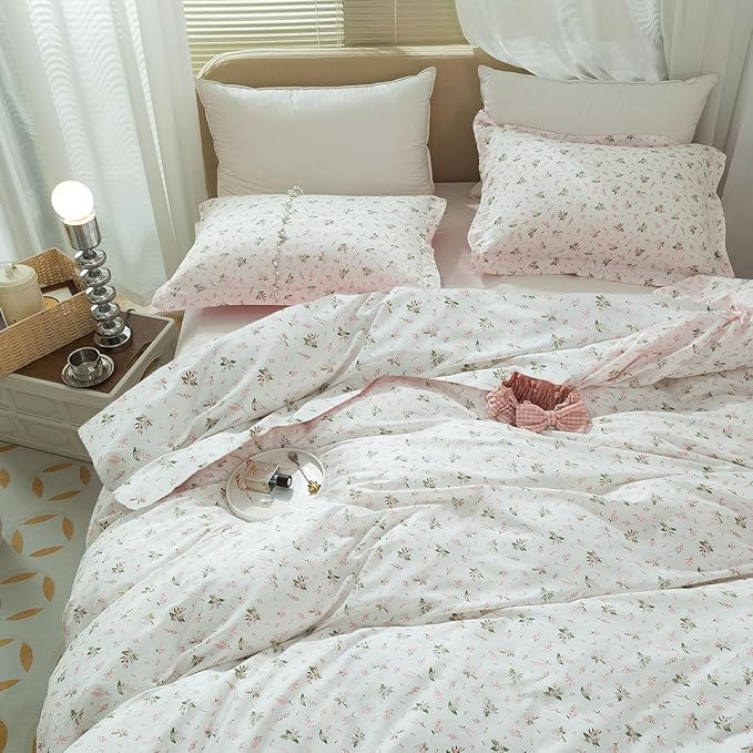 Chic Pink Floral Comforter Set Queen White Botanical Coquette Bedding Comforter Set Boho Bedding Sets for Queen Bed,Aesthetic Flower Comforter Sets for Girl,1 Floral Comforter and 2 Pillowcases