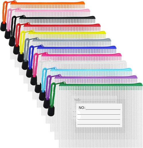AUSTARK Plastic Mesh Zipper Pouch - 12 Waterproof File Bags with Label Pocket | A6 Size 6.3x4.7 in