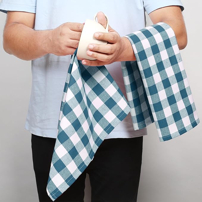Gingham Check Kitchen Towels, 4 Pack, 16x26 Inches, 100% Cotton - Highly Absorbent, Fast Drying, Dish Towels for Drying Dishes, Hand Cleaning Towels with Hanging Loop, Teal and White