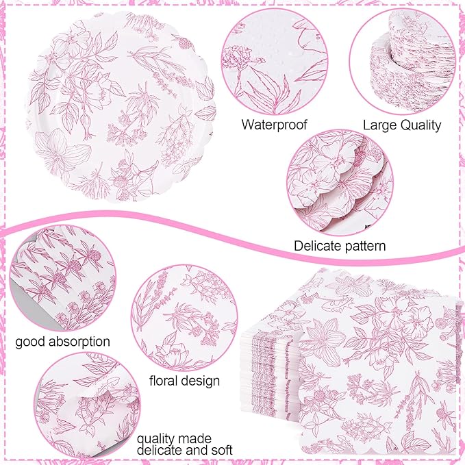 Havawish 400 Pcs Pink Floral Party Plates Disposable Tableware Set for 50 Guest Spring Flower Paper Plates Tea Party Scalloped Plates Napkins Cups for Wedding Party Baby Bridal Shower