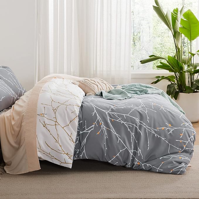 Bedsure Duvet Cover Queen Size - Reversible Tree Branch Duvet Cover Set with Zipper Closure, 3 Pieces Grey Bedding Set with 8 Corner Ties and 2 Pillow Shams 20"x26"