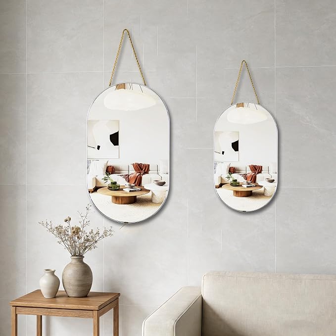Oval Mirror with Lanyard, High Definition Bathroom Mirror for Bathroom, Hallway, Living Room (Sliver, 11.61x18.9inch)