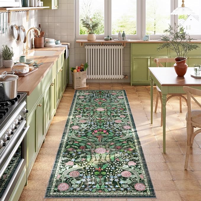 AMTOVO 2x6 Runner Rug for Hallway, Washable Non-Slip Long Kitchen Carpet, Floral Vintage Distressed Floor Mat for Hallways Entryway Living Room Laundry Room Bathroom Farmhouse, Dark Green