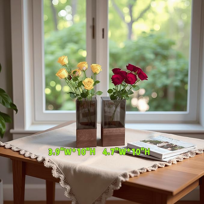 Shatterproof Acrylic Flower Vase with Wood Base–10”H*4.7''W Modern Table Centerpiece for Home Office Decor, Holds Fresh/Dried Stems, Lightweight&Stable, Present for Housewarming Christmas(Rectangular)