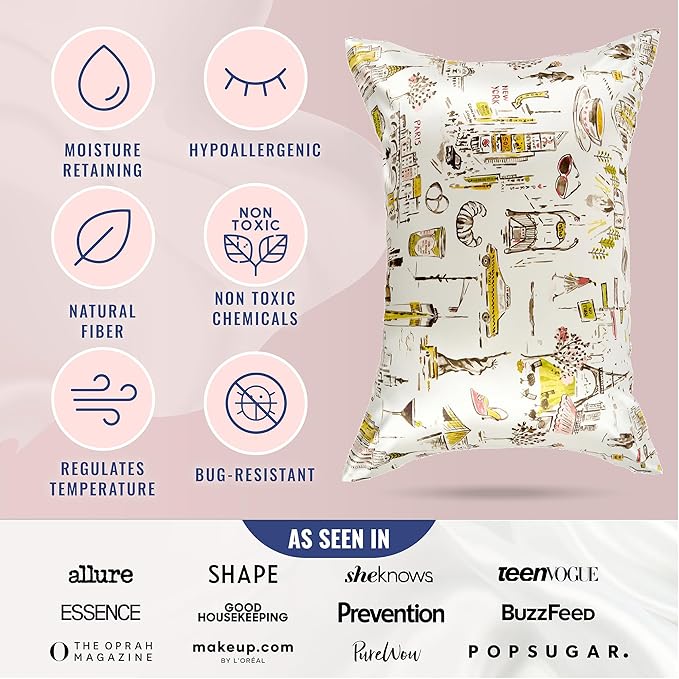 Blissy Silk Pillowcase - 100% Pure Mulberry Silk - 22 Momme 6A High-Grade Fibers - Silk Pillow Cover for Hair & Skin - Regular, Queen & King (Nicole Miller - NY to Paris, Queen)