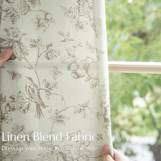 jinchan Linen Floral Curtains for Living Room 63 Inch Length Taupe Printed Flower French Country Curtain Farmhouse Cottage Core Toile Curtains Back Tab Light Filtering Window Drapes Set 2 Panels