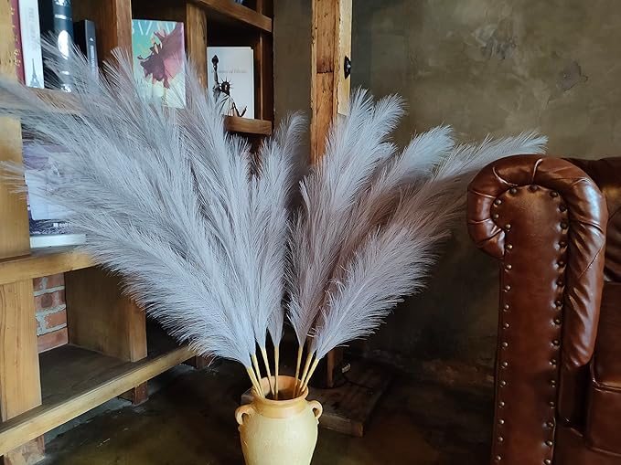 Premium Faux Pampas Grass Decor Tall & Fluffy, No Assembly Needed Long Pampas, Luxury Large Floral, Elegant Feather Flowers for Wedding Decorations(Faux Grey, 8pcs 43.3"(110cm))