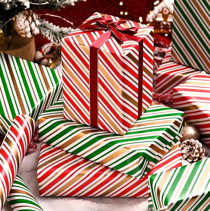 MAYPLUSS Christmas Stripe Wrapping Paper Roll - 17 Inch X 33 Feet - Classic Red Candy with Gold Diagonal Stripes Winter Holiday Gift Wrap for Weddings Birthday Party Showers and Scrapbooking
