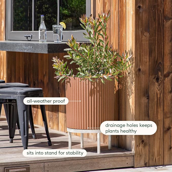 Veradek Demi Series Round Planter w/Stand for Porch/Patio | Durable Plastic-Stone Composite & Wooden Stand | Modern Décor for Tall Plants, Flowers