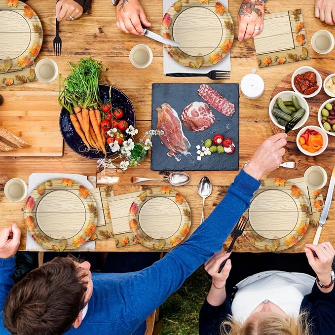 Fall Thanksgiving Birthday Party Plates and Napkins Decorations Kit, Wooden Grain Maple Leaf Tableware Supplies for Birthday Leaves Favors Party Decor Service 24 Guests
