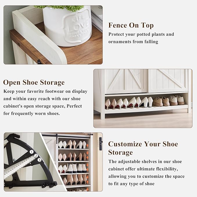 OKD Shoe Storage Cabinet with 2 Flip Drawers & Sliding Door, Farmhouse Entryway Shoe Organizer, Freestanding Rustic Hidden Shoe Rack Cabinet for Entryway, Antique White