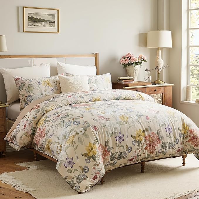 100% Cotton Duvet Cover King Size – Blooming Garden Duvet Cover Set with Zipper Closure & Corner Ties, 3-Piece Silky Soft & Breathable Pastel Floral Bedding Set for All Seasons