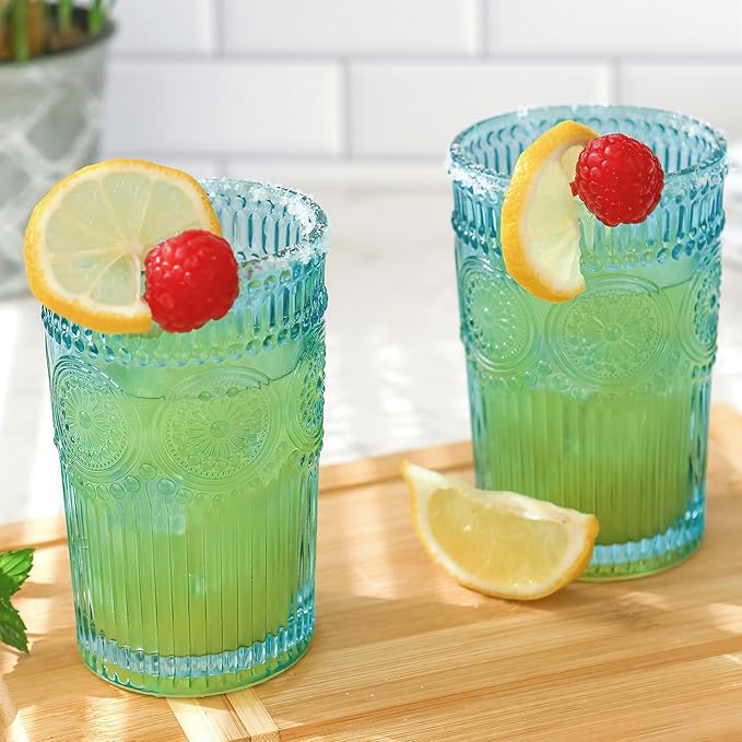 Kate Aspen Vintage Textured Aqua Blue Striped Drinking Glasses Set of 6-13 oz Ribbed Glassware with Flower Design | Cocktail Set, Juice Glass, Water Tumbler