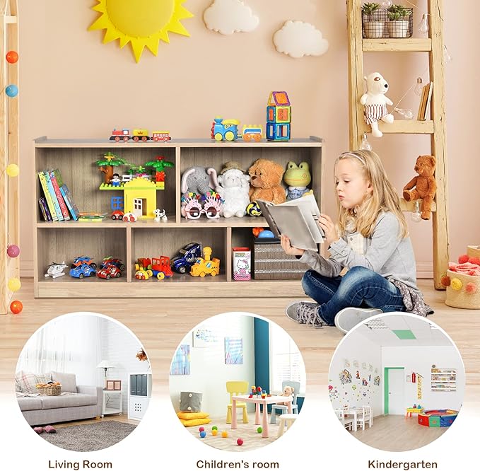 Costzon 2-Shelf Bookcase for Kids, Wooden Toy Storage Organizer for Books Toys, 5-Section Freestanding Classroom Daycare Montessori Bookshelf for Preschool, Home Playroom & Kindergarten