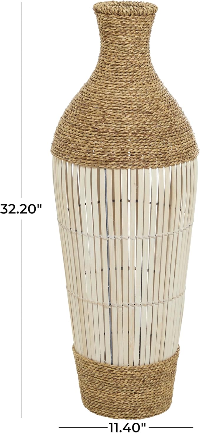 Deco 79 Seagrass Handmade Decorative Vase Wrapped Tall Centerpiece Vase with Cream Slatted Bamboo Center, Vase for Home Decoration 11" x 11" x 32", Brown