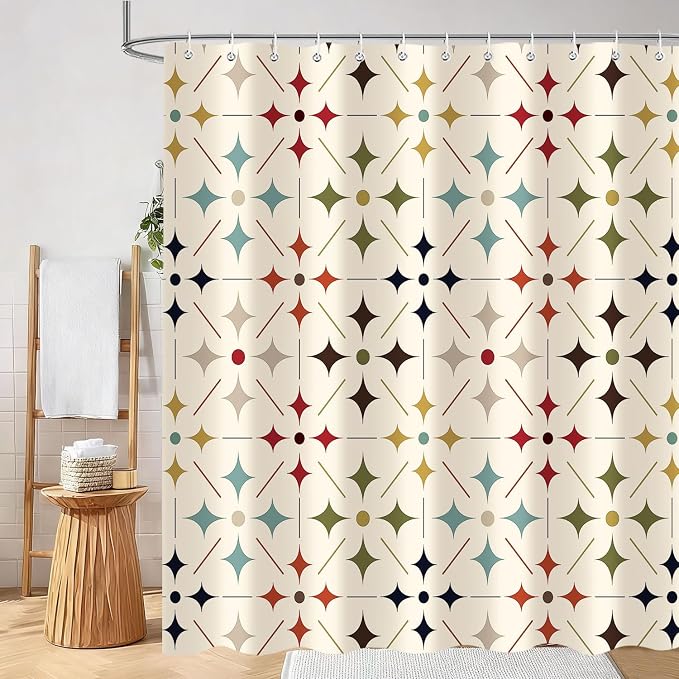 Mid Century Shower Curtain Vintage, Retro Modern Geometric Fabric Bathroom Decor, Colorful Abstract Aesthetic Art Boho Bath Curtain Set Decor with 12 Hooks 72x72 Inch