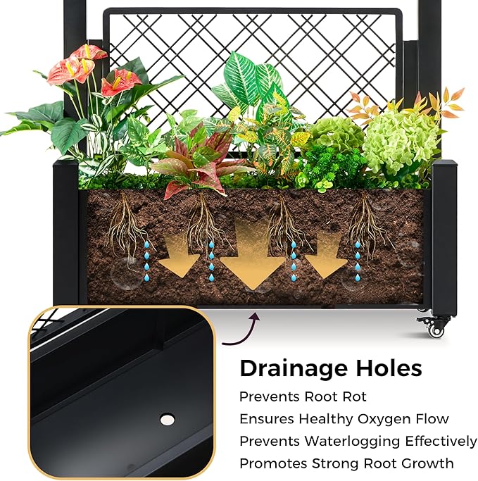 Metal Planter Box with Trellis and Wheels, 50" Hx38 Wx14 D Large Outdoor Garden Planter for Climbing Plants, Vegetables & Vines, Includes Drainage Holes and Privacy Screen, Black