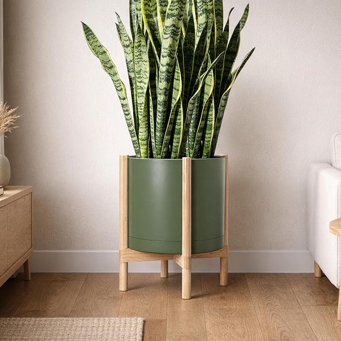 D'vine Dev Planter Pot with Stand - 16 Inch Plastic Cylinder Flower Pot with Wood Planter Holder for Indoor, Olive Pot + Natural Stand, 55-C-Y-3