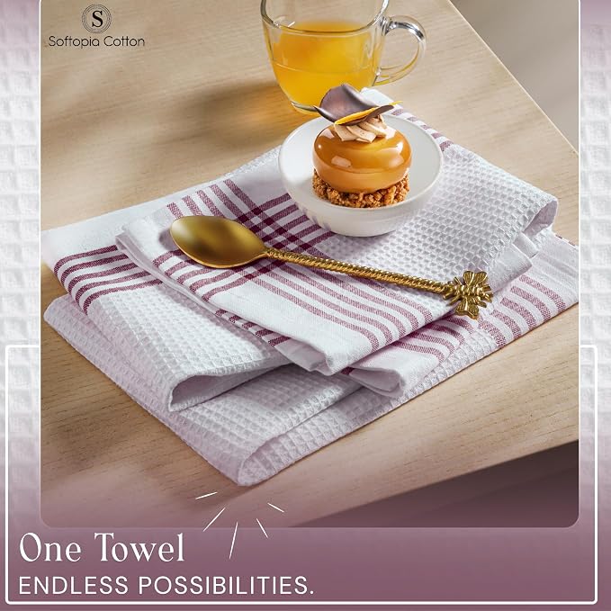 Waffle White & Burgundy Wine Dish Towels Set of 4, 100% Cotton, 16x26 inches, Reusable Cleaning Cloths for Drying Dishes, Quick Dry Kitchen Towel, Durable for Heavy-Duty Use