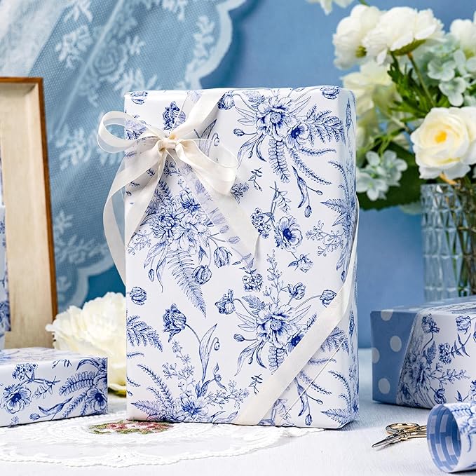 Yarcony Blue Floral Wrapping Paper Roll, Blue and White Wrapping Paper, Elegant Vintage Toile Flower Garden Gift Wrap for Upscale Gifts, Wedding, Birthday, Baby Shower, Mother's Day (17 In X 16.5 Ft)