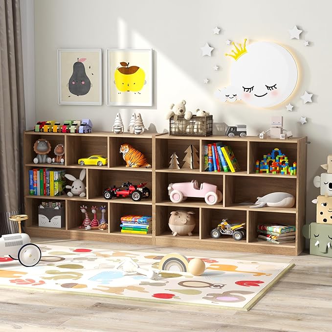 Costzon 3-Shelf Bookcase for Kids, Wooden Toy Storage Organizer for Books Toys, 8-Section Freestanding Classroom Daycare Montessori Bookshelf for Preschool, Home Playroom & Kindergarten (Natural)
