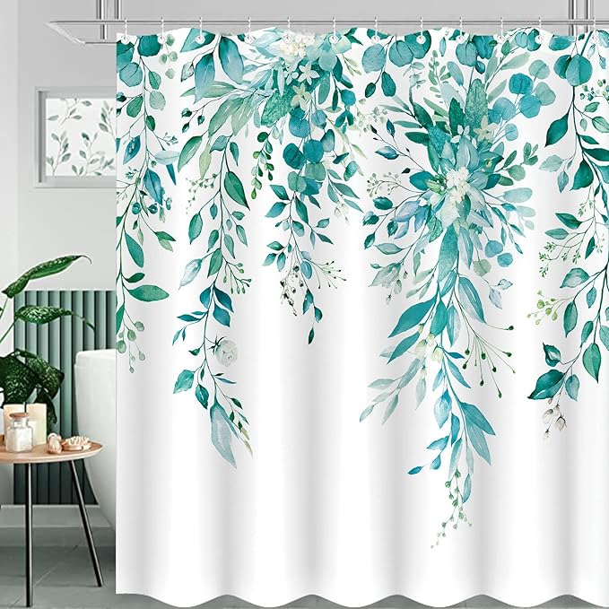 84 Inch Extra Long Teal Eucalyptus Shower Curtain Watercolor Floral Plant Leaf Shower Curtains for Bathroom Botanical Flower Waterproof Fabric Bath Curtain Decor with Hooks (Teal, 72'' x 84'')
