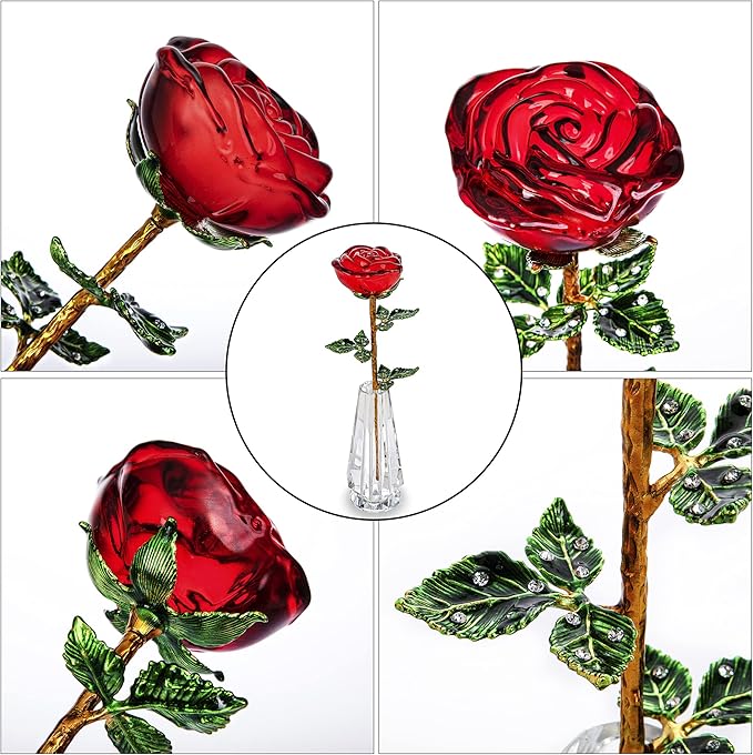 HDCRYSTALGIFTS 10'' Crystal Rose Flower Figurine Collectible Flower Gifts for Women,Crystal Glass Flower Collectible Ornaments for Christmas Home Table Centerpiece